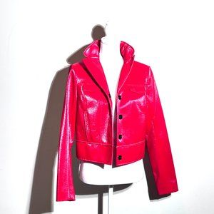 Tahari Red Patent Faux Vegan Leather Trucker Jacket Size Med